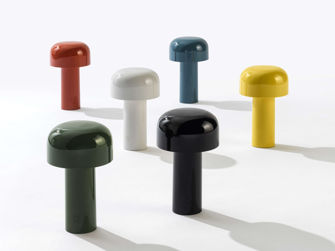Six portable dome lamps in White, Grey Blue, Brick Red, Glossy Black, Yellow and Glossy Green
