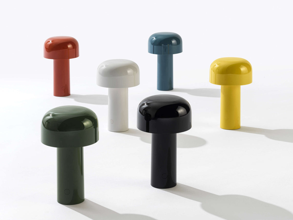 Six portable dome lamps in White, Grey Blue, Brick Red, Glossy Black, Yellow and Glossy Green